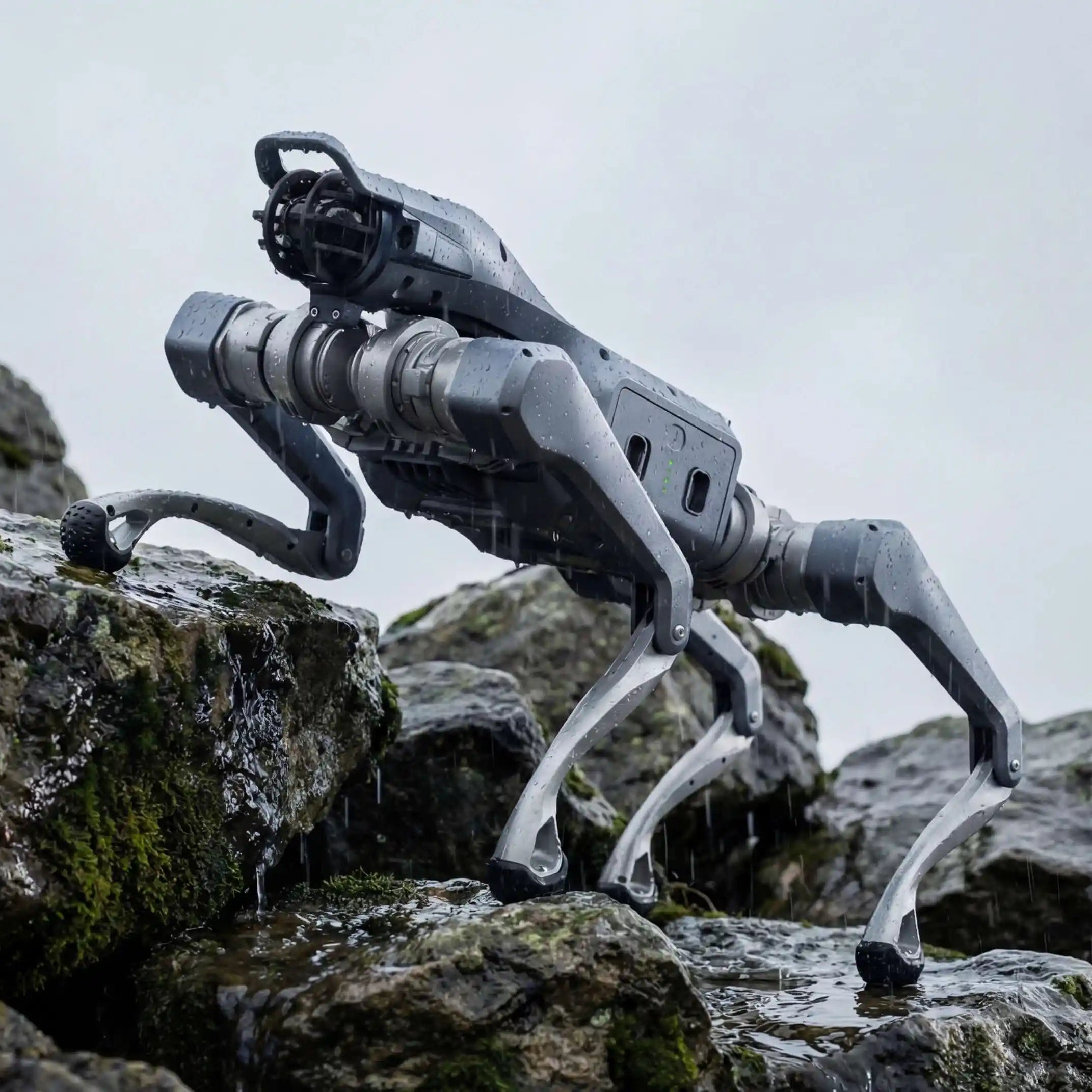 Unitree As2 in a cleaned industrial derelict climbing scene, high resolution.