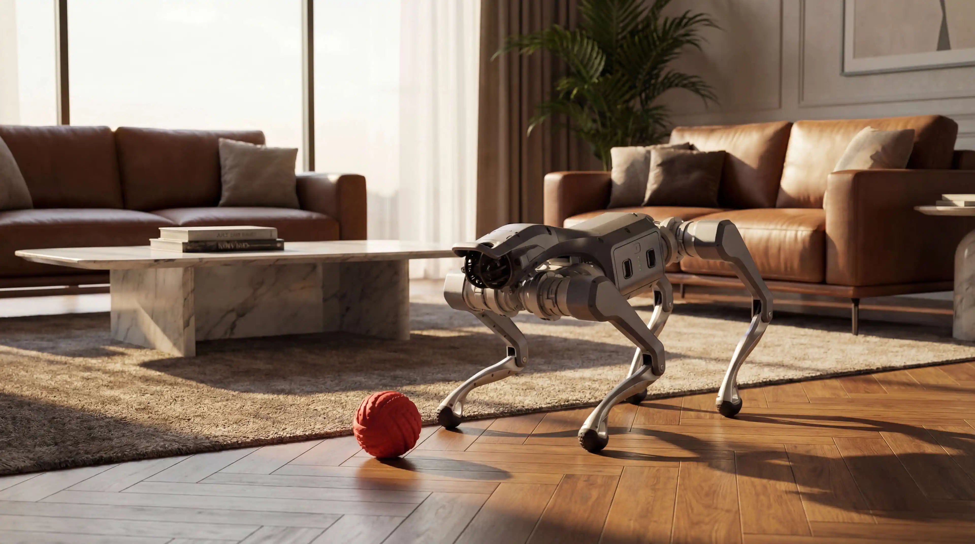 Unitree As2 walking dynamically through a deep forest with needle floor, centered, clean.