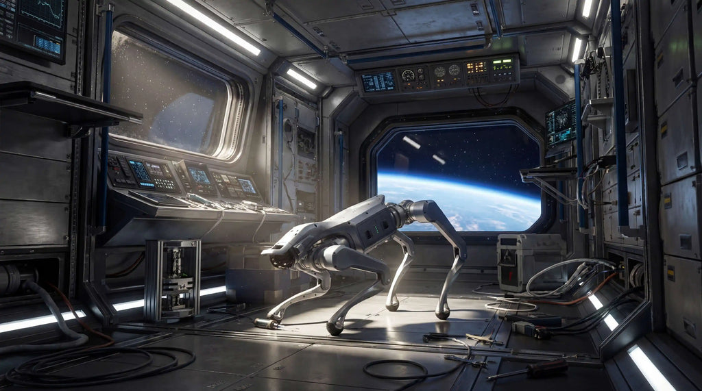 Unitree As2 climbing a snowy slope with an orange tool box, clean dynamic snow spray.