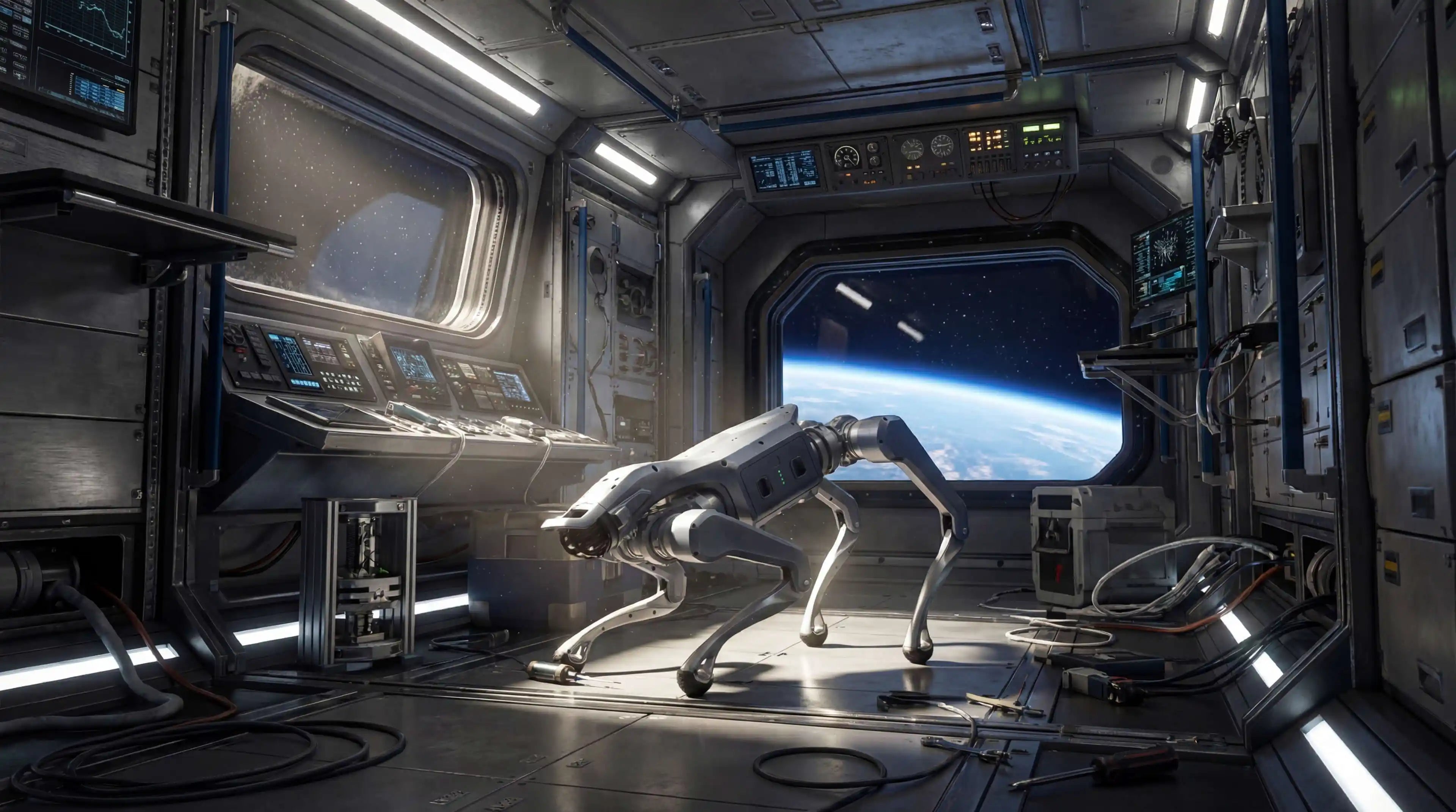 Unitree As2 climbing a snowy slope with an orange tool box, clean dynamic snow spray.