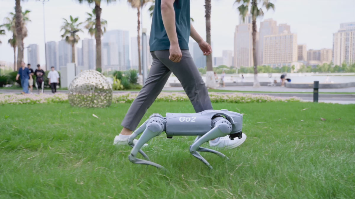 Intelligent quadruped robot dog navigating complex outdoor terrain